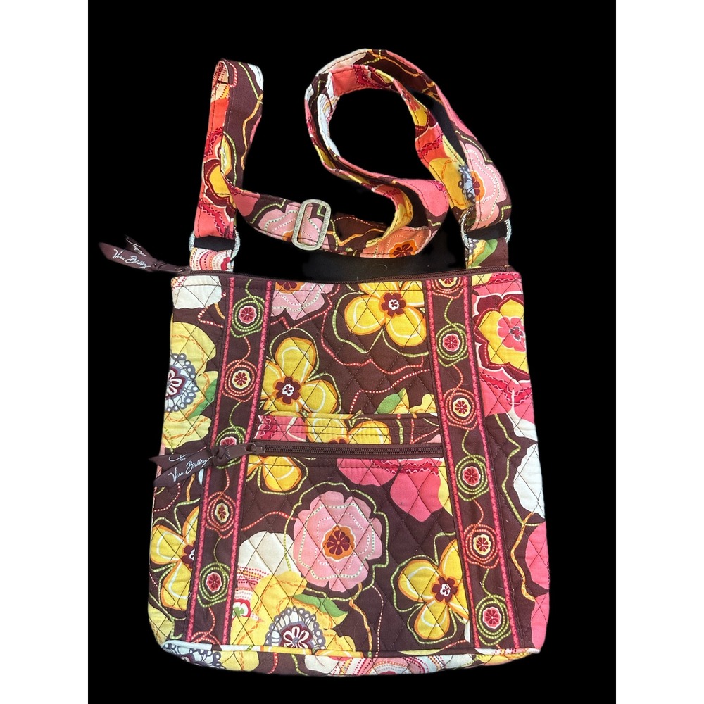 Vera Bradley Hipster Crossbody Bag Brown Pink Yellow Floral Quilted Cotton Purse